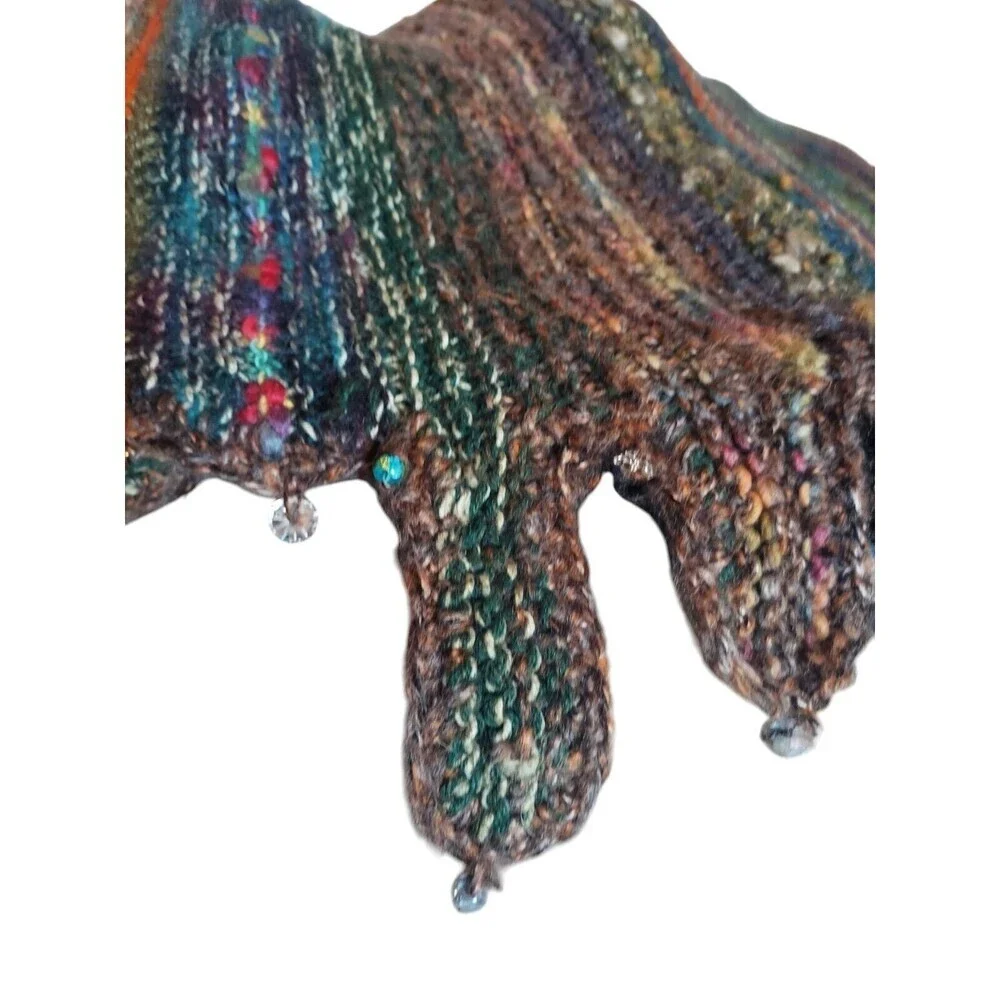 Boho Knitted Shawl Forest Drip Multicolor With Beads Hippie